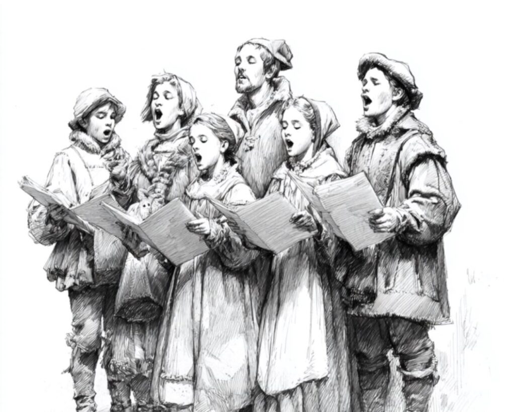 black and white image of six singers dressed in old fashioned clothing singing from music books.